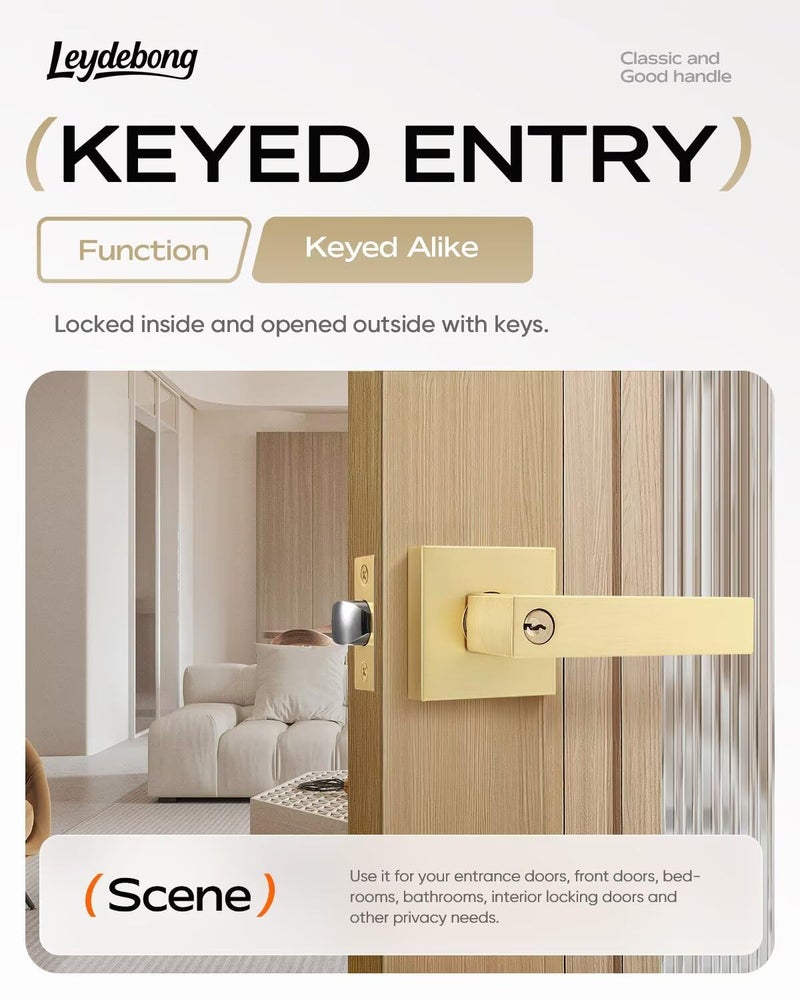 Leydebong 6 Pack Entry Door Levers with Keys  Heavy Duty Hardware for Exterior Front and Back Door  Gold Keyed Entrance Lock Keyed Alike Door Knobs - Image 2